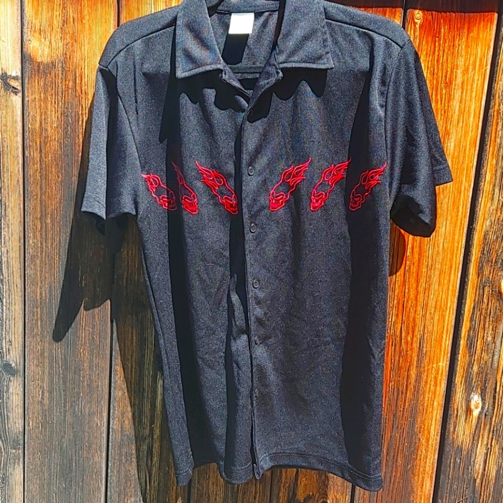 Flaming skull button down